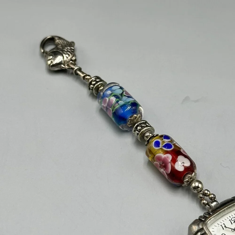 Geneva Watch Women Silver Tone Floral Glass Bead Bracelet New Battery 7 Inch